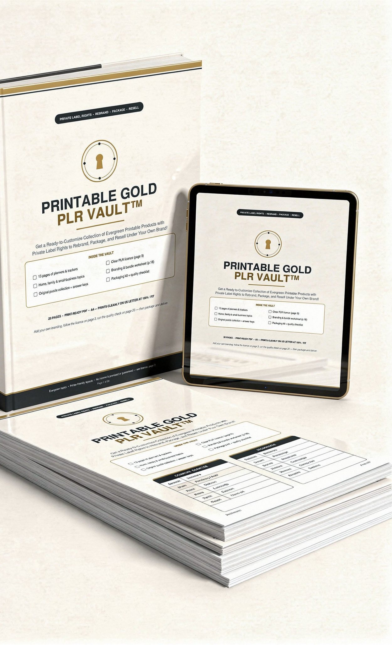 Premium 3D book, tablet and printed-page mockup for Printable Gold PLR Vault
